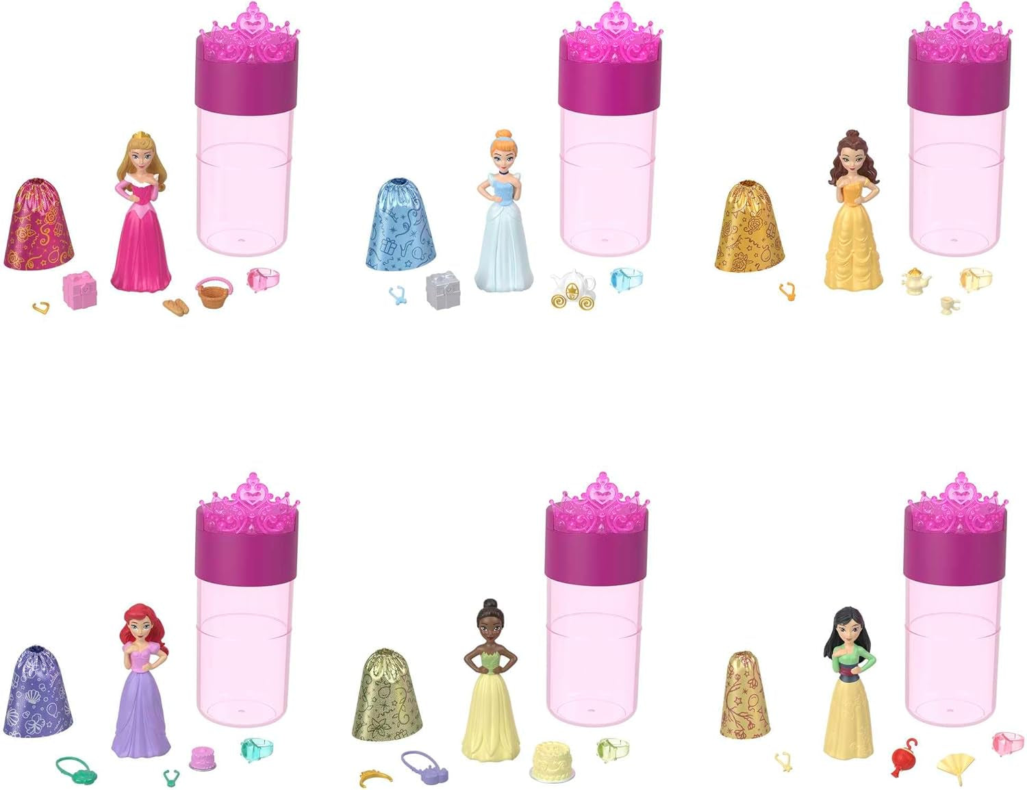 Disney Princess Color Reveal - 6 muñecas sorpresa activadas por agua, accesorios, para niños a partir de 3 años, Ariel, Tiana, Mulan, Cenicienta, Bella, Aurora, HPX39