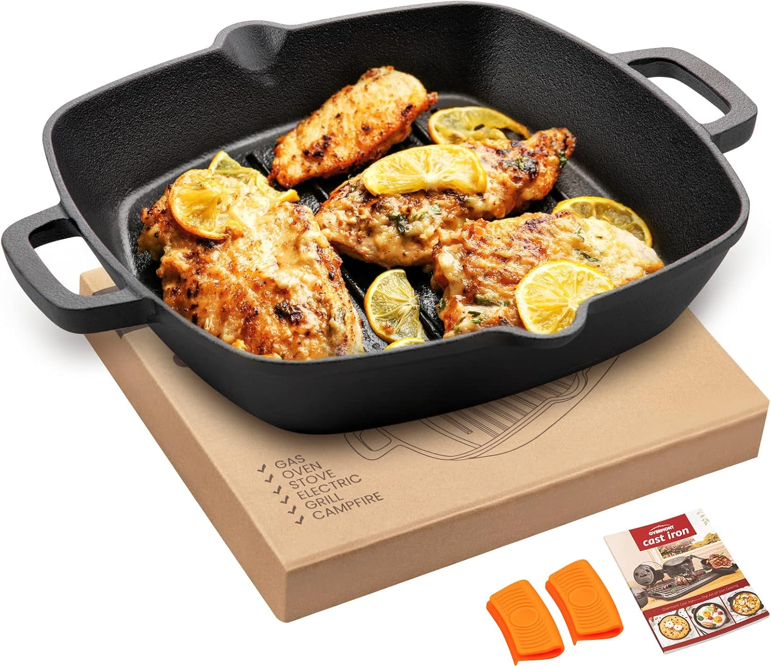 Sartén Grill Hierro Fundido OVERMONT Con Asa Ollas y Sartenes Naty Shop Cuadrada 26Cm