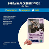 Bozita Bolsa Comida Húmeda con Trozos en Salsa y Pavo - 12 Sobres Porcionados x 85g Comida para Gatos Sin Cereales ni Trigo - Comida Húmeda para Gatos Adultos con 8,5% Proteínas y 4,5% Grasas