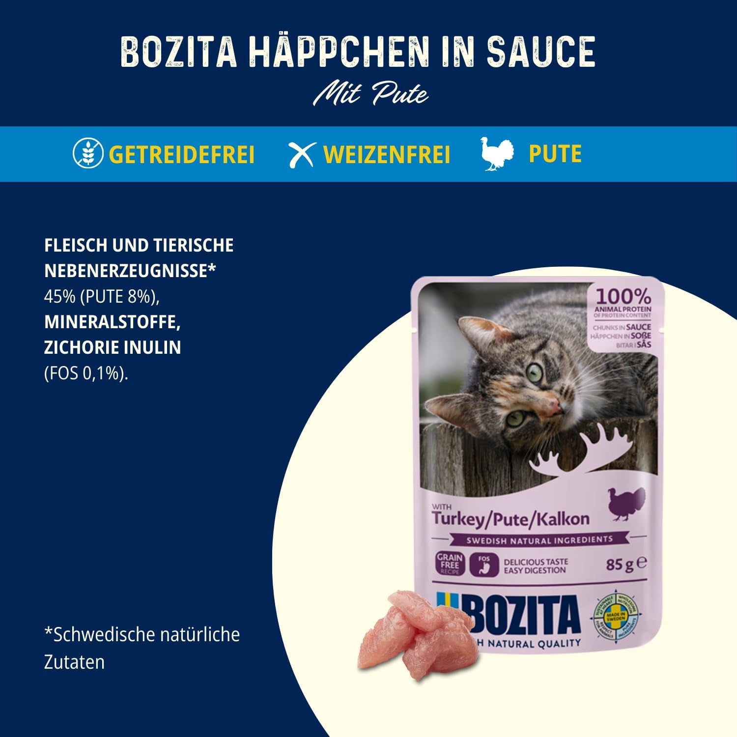 Bozita Bolsa Comida Húmeda con Trozos en Salsa y Pavo - 12 Sobres Porcionados x 85g Comida para Gatos Sin Cereales ni Trigo - Comida Húmeda para Gatos Adultos con 8,5% Proteínas y 4,5% Grasas