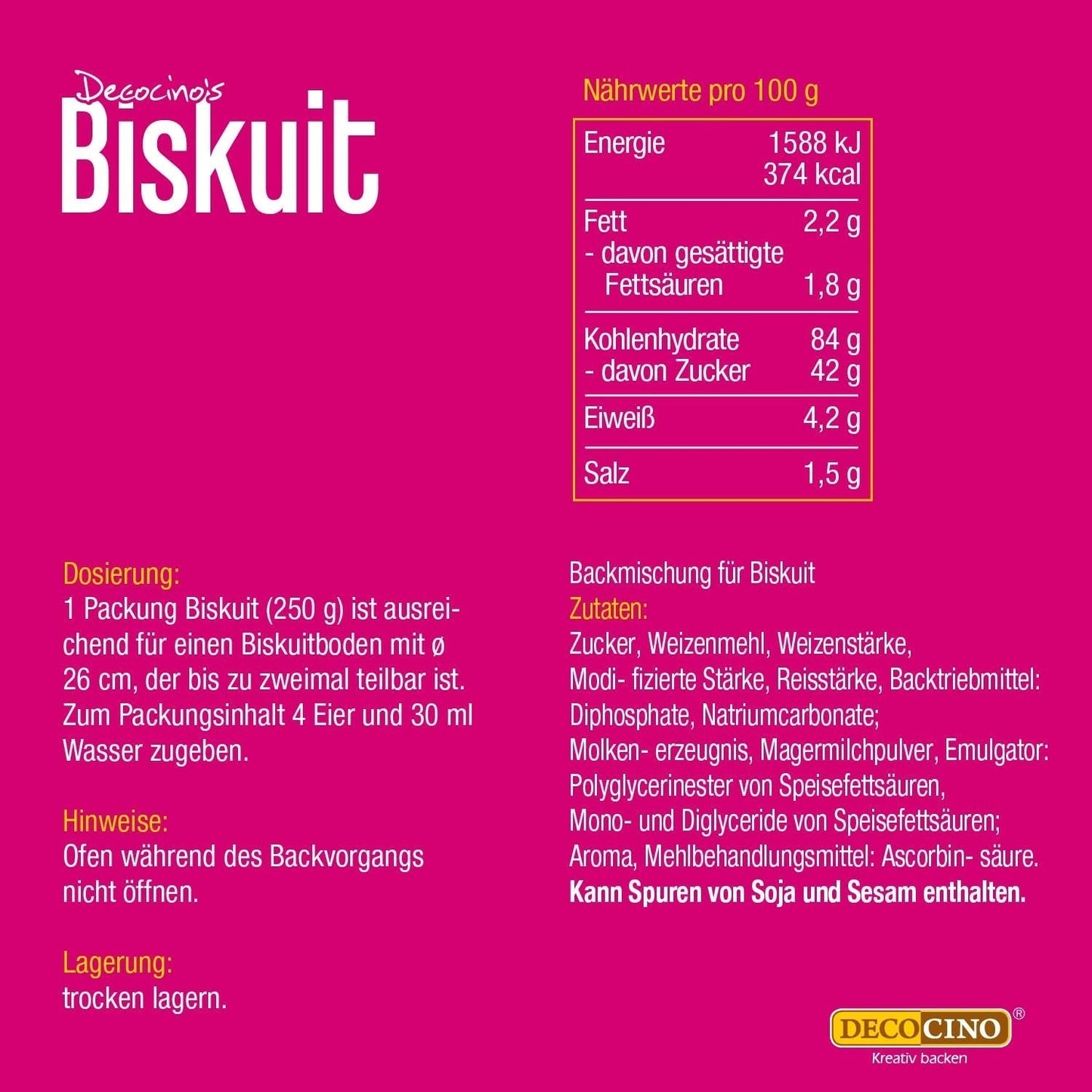 DECOCINO Biscuit Backmischung (250 G) – Einfache Zubereitung – Gelingsicher – Zum Backen Von Luftigen Biskuitböden, Creme-Torten, Biskuitrollen Uvm. Tienda Naty