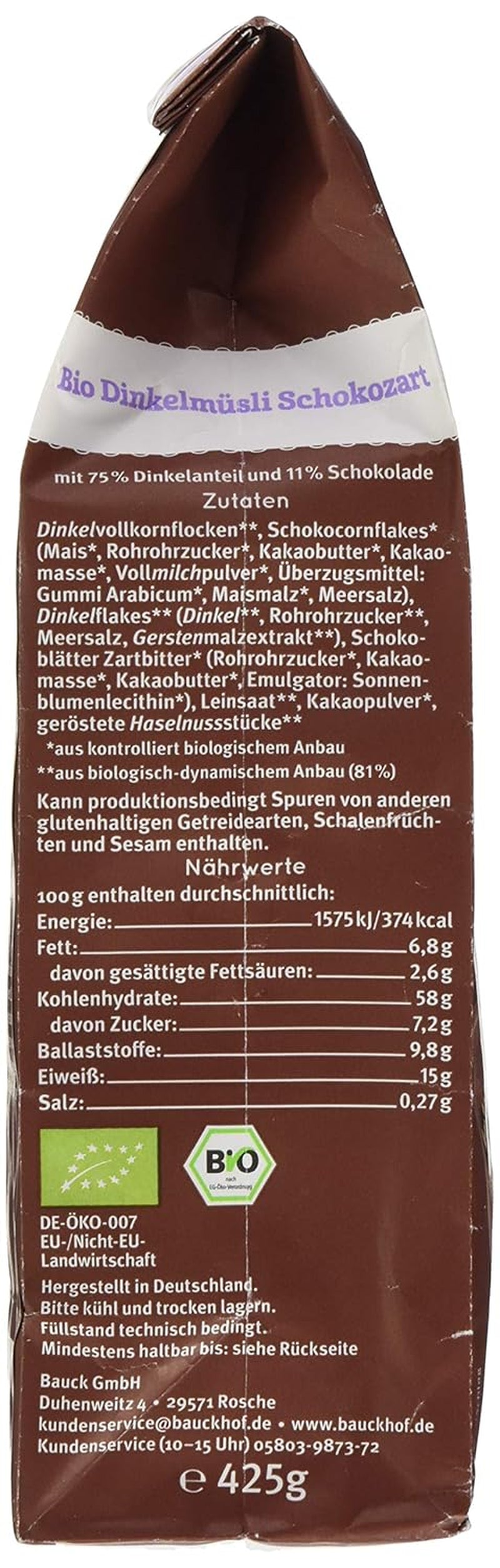 Bauck HOF Dinkelmüsli Schokozart, 425G (1Er Pack) Cereales Naty Shop