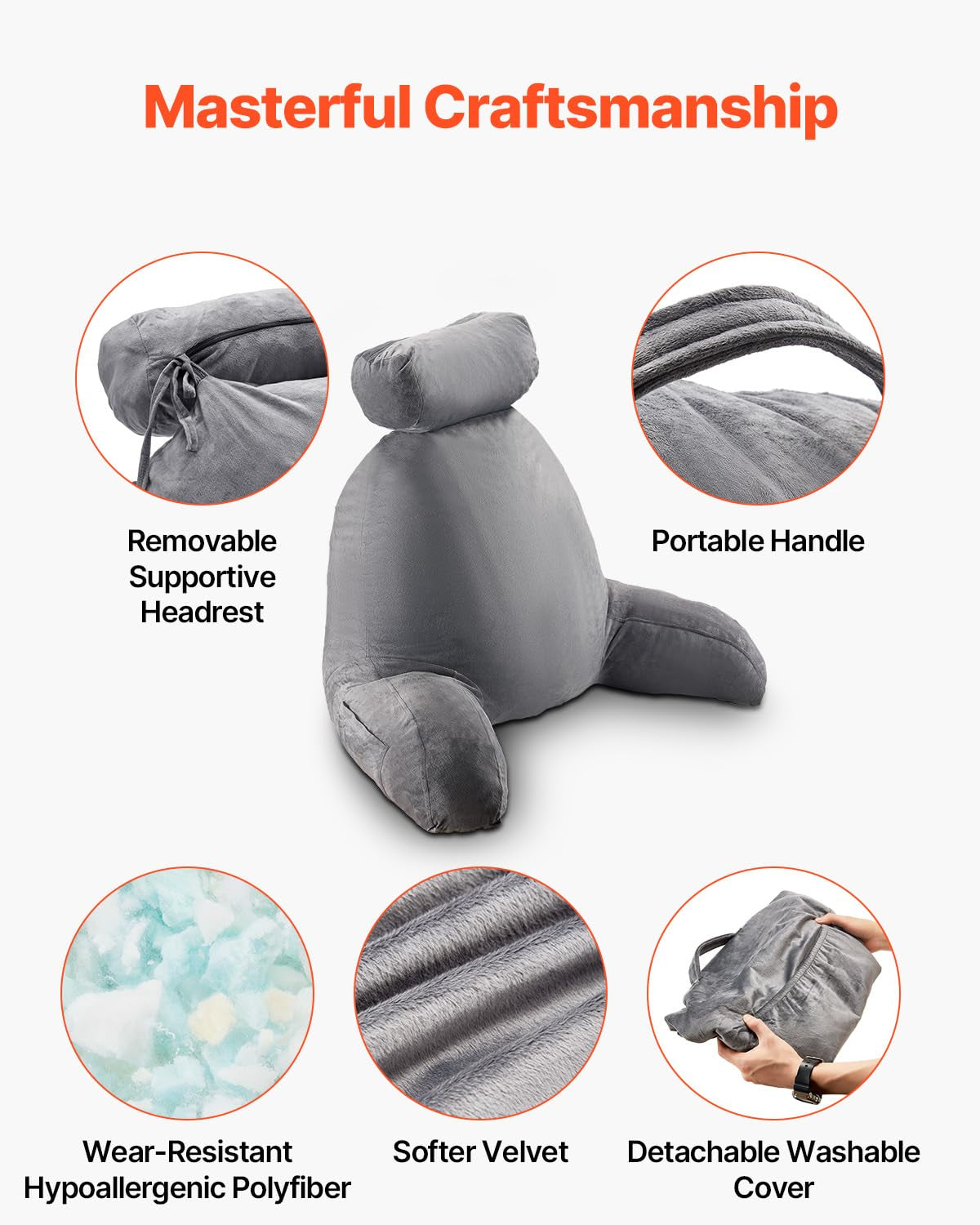 VEVOR Almohada de lectura, almohada de cama (grande) con reposacabezas desmontable, almohada trasera de 3 bolsillos y tela de terciopelo corta lavable y espuma viscoelástica triturada, lateral con asa, para ver televisión, leer, jugar