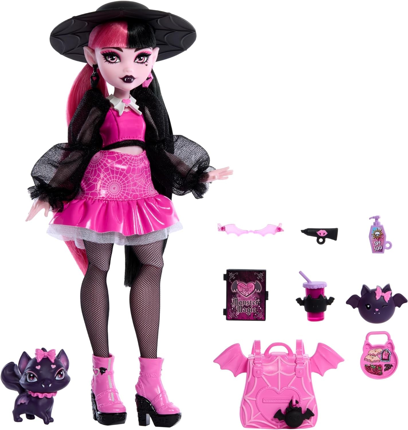 Muñeca Monster High Draculaura con su mascota, el gato murciélago, el Conde Fabuloso, y accesorios como una mochila, un libro de hechizos, una caja bento y más, HRP64