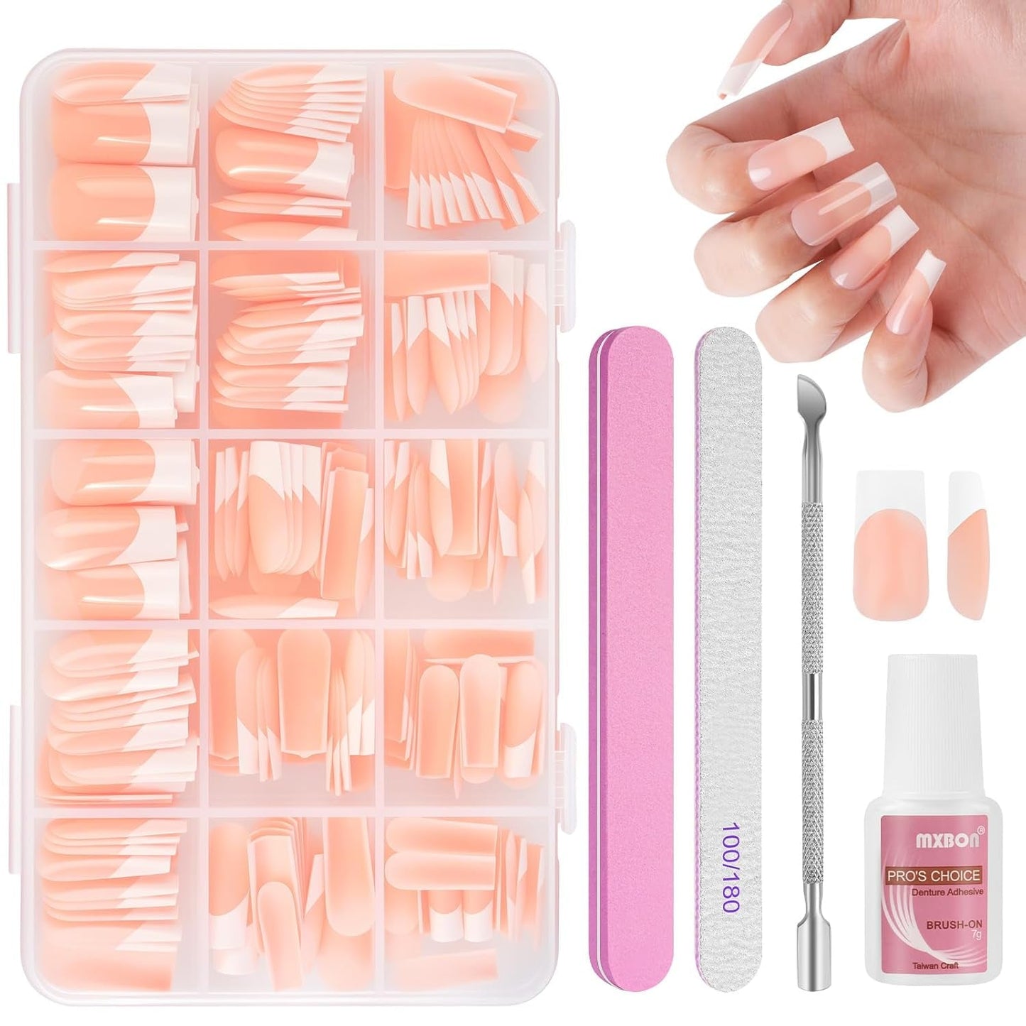 Juego de 240 puntas de uñas postizas, prensa francesa en uñas postizas, prensa en uñas francesas, 12 tamaños, uñas postizas con pegamento para mujeres y hombres (blanco desnudo, almendra mediana)