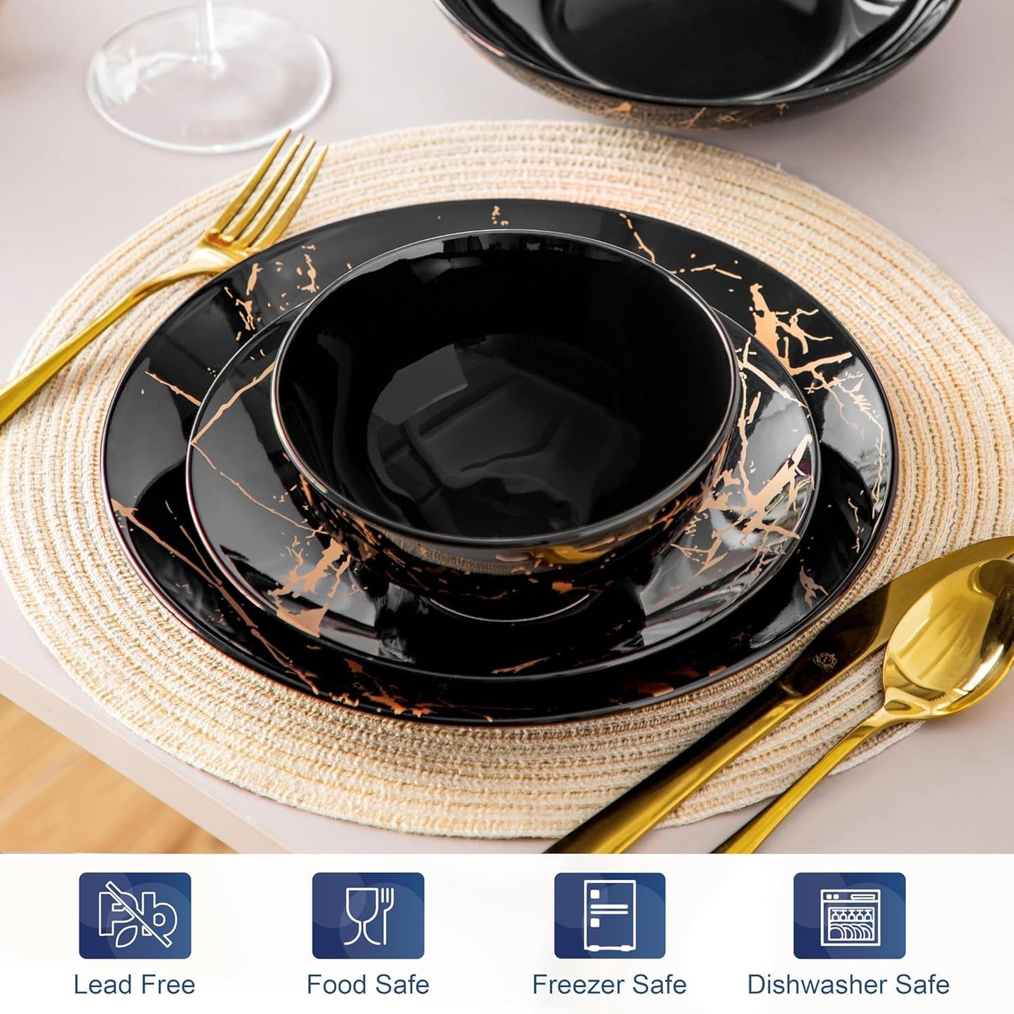 LOVECASA Daphne Series Juego de vajilla de porcelana SWEET Juego combinado de 24 piezas Platos llanos de diseño dorado Platos de postre Cuencos de cereales y platos llanos para 6