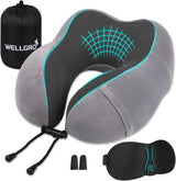 WELLGRO Juego de almohadas cervicales con antifaz para dormir 3D y tapones para los oídos - Funda extraíble - Espuma viscoelástica - Cierre de cremallera - Incluye bolsa de almacenamiento - Almohada de viaje - Color a elegir, Color:Gris Almohadas ortopédicas cervicales Naty Shop