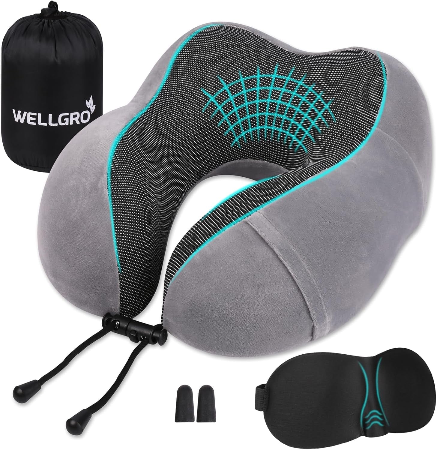 WELLGRO Juego de almohadas cervicales con antifaz para dormir 3D y tapones para los oídos - Funda extraíble - Espuma viscoelástica - Cierre de cremallera - Incluye bolsa de almacenamiento - Almohada de viaje - Color a elegir, Color:Gris Almohadas ortopédicas cervicales Naty Shop