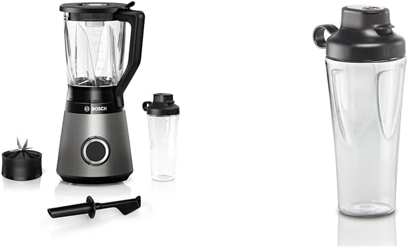 Bosch Batidora de pie Vitapower Serie 4 MMB6174SN, Verbesserte Version, Hochwertige Edelstahl-Klingen, 1,5L Glassbehälter, 0,6L To-Go-Flasche, Spülmaschinenfeste Teile, 30.000 U/Min, 1200 W, Silver Bucatarie Naty Shop Bundle Mit Flasche 0,6 L 2 en 1, nueva garantía de motor durante 10 años