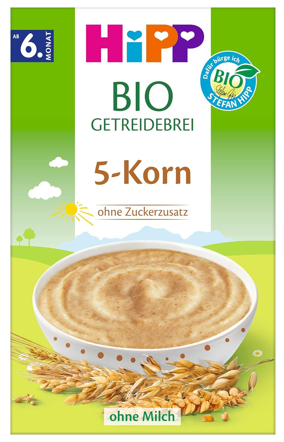 Gachas de cereales ecológicas HiPP con 5 cereales (7 x 200 g), a partir de 6 meses, sin azúcares añadidos, respetuosas con el estómago del bebé, la mejor calidad ecológica