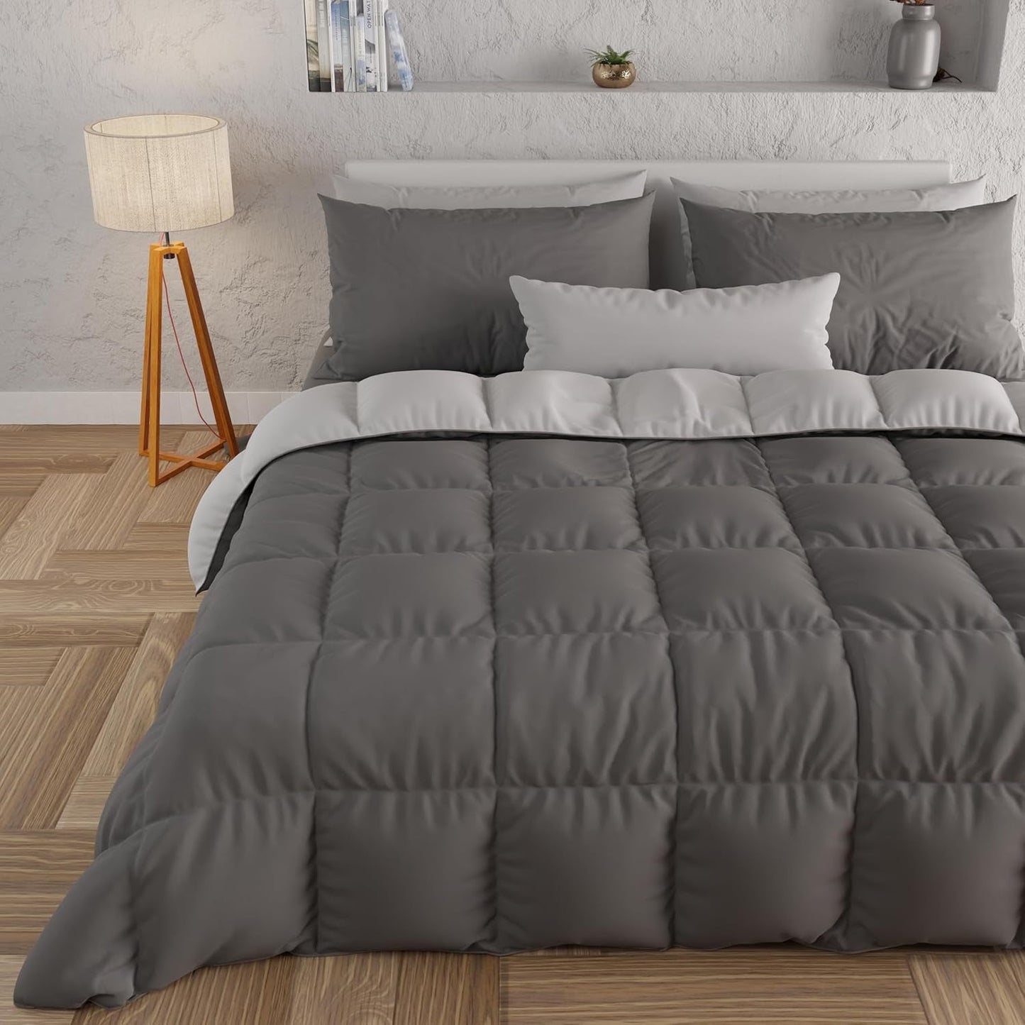 PETTI Artigiani Italiani - Edredón de invierno para cama de matrimonio, maxi, monocromático, doble cara, blanco, gris, 100% Made in Italy Edredones y edredones Naty Shop Gris Medidas cama 120-130X200: [Edredón 220 X 260 Cm]
