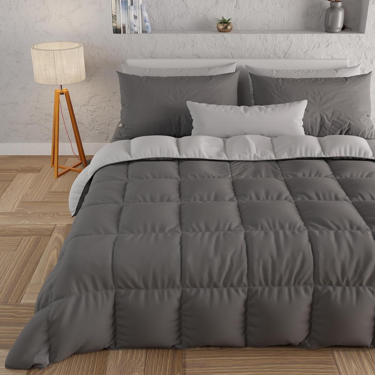 PETTI Artigiani Italiani - Edredón de invierno para cama de matrimonio, maxi, monocromático, doble cara, blanco, gris, 100% Made in Italy Edredones y edredones Naty Shop Gris Medidas cama 120-130X200: [Edredón 220 X 260 Cm]