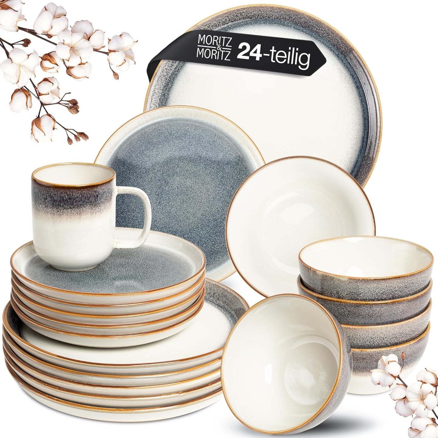 Moritz & Moritz TARENTO Vajilla para 6 personas de 24 piezas, gris - Elegante juego de platos de gres de alta calidad - El juego de vajilla incluye 6 platos llanos, 6 platos de postre, 6 platos llanos y 6 tazas