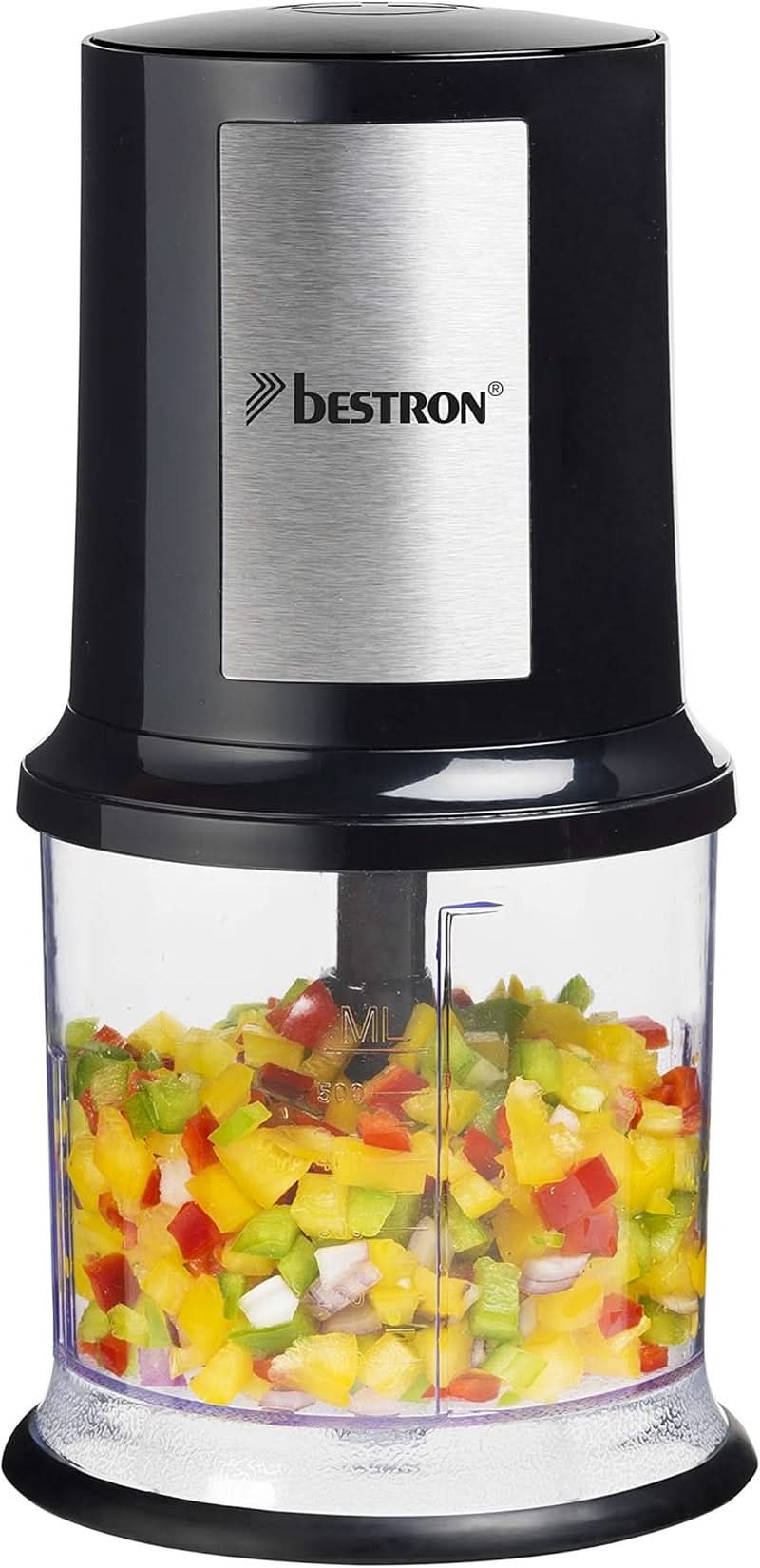 Bestron Elektrischer Multi-Zerkleinerer, Universalzerkleinerer Mit Zwei Schneidemessern & 500Ml Kapazität, Große Pulstaste, 400 Watt, Color: Kupfer Kitchen Naty Shop Schwarz/Silber