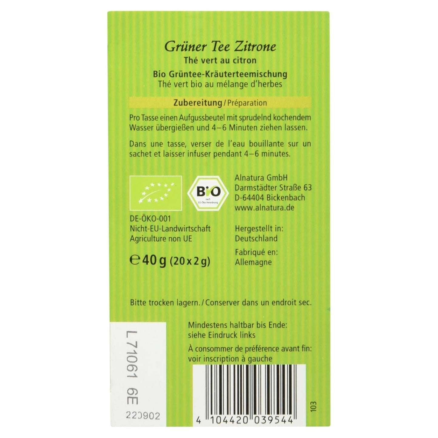 Té verde ecológico con limón, 20 bolsitas, 40 g