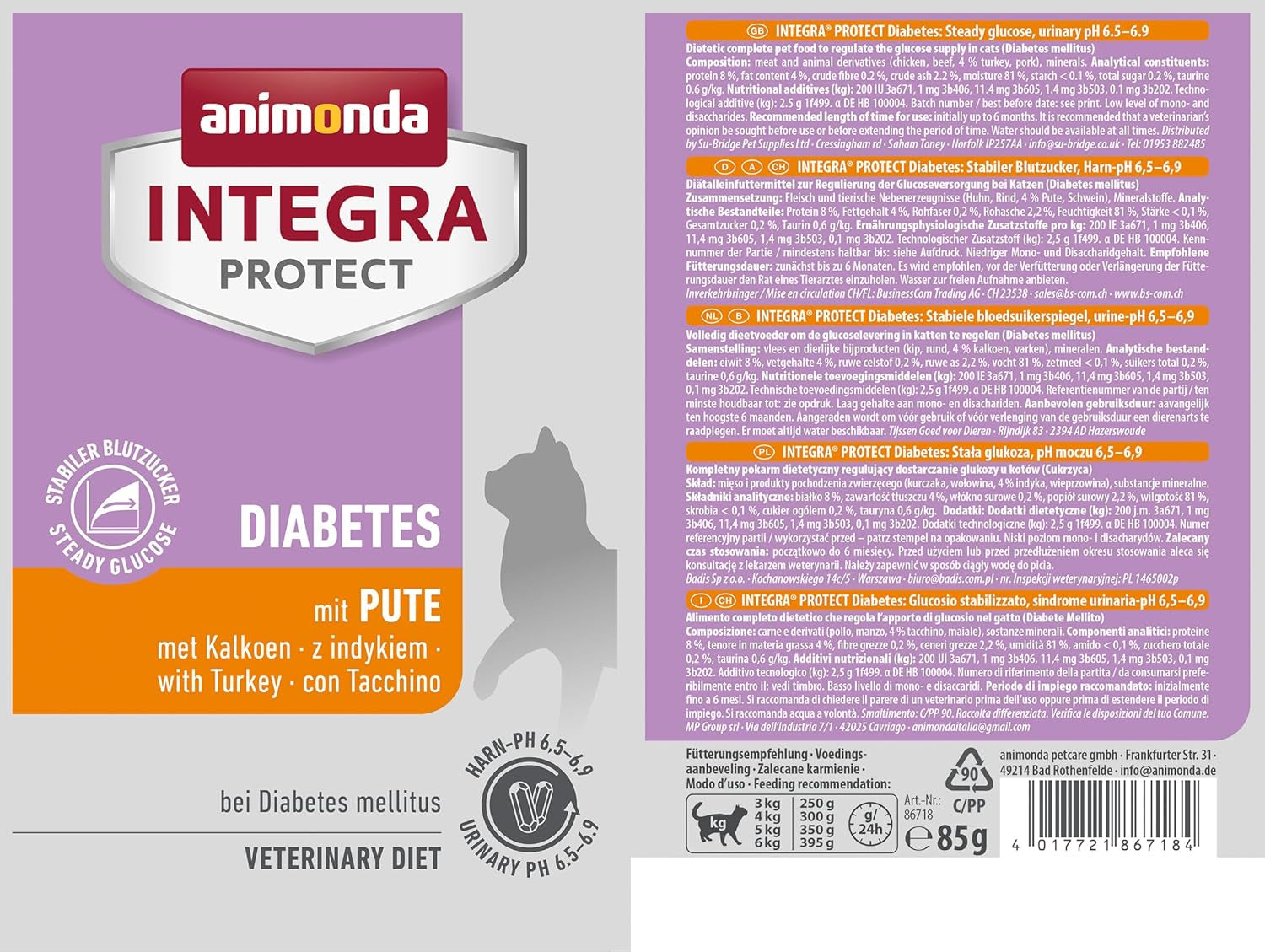 Animonda INTEGRA PROTECT comida húmeda para gatos diabéticos con carne de pavo (24 x 85g), recomendada por veterinarios para la diabetes, un alimento dietético completo para gatos adultos, desarrollado junto con veterinarios.