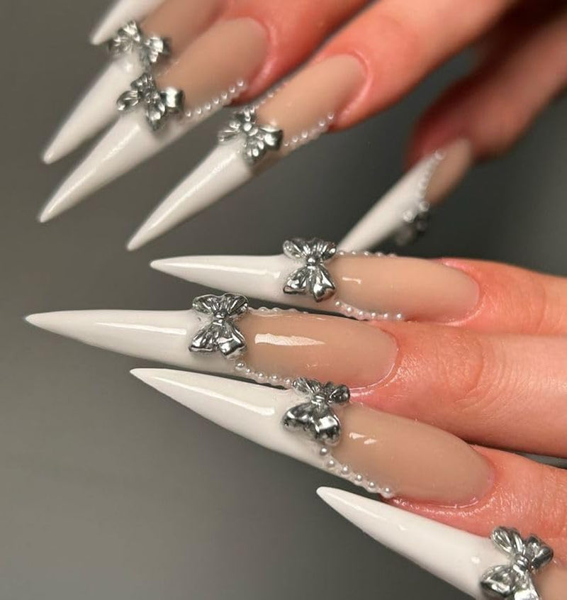 Mouyouglow-uñas largas Stiletto, color blanco lechoso, degradado, purpurina rosa, uñas postizas frescas con pegamento, uñas artificiales con purpurina rosa ombré