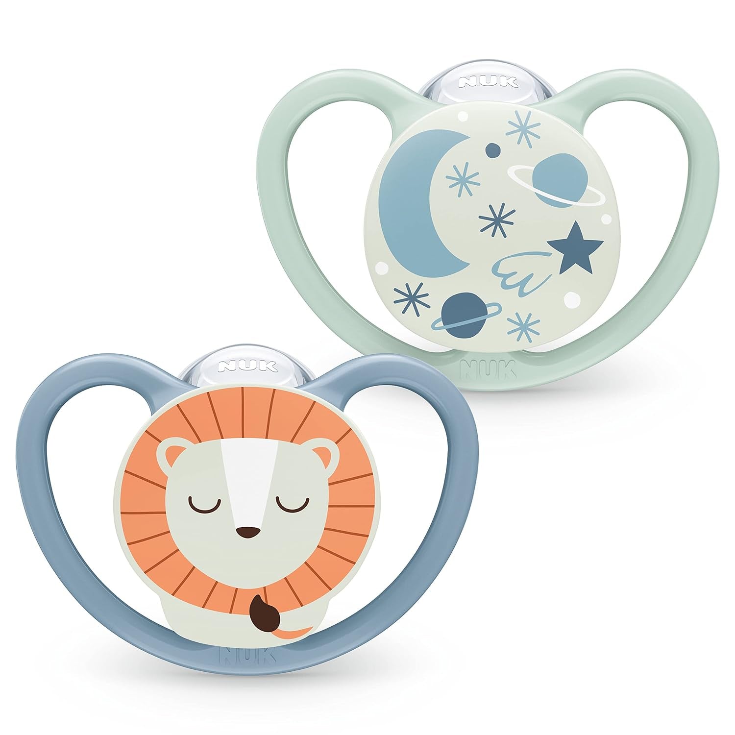 NUK Chupetes Space Night, 0-6 Meses, Ventilaciones Extra Grandes, Brillan en la Oscuridad, Silicona Sin BPA, Zorro y Mariquita, Paquete de 2