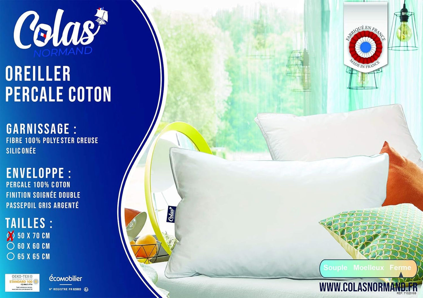 Almohada, Algodón, Percal, 50 X 70 Cm, Fino Acabado, Confort, Percal, 100% Algodón, Alta Calidad, Suave, Hecho en Francia, Blanco 73130220 Naty Shop Almohadas Estándar