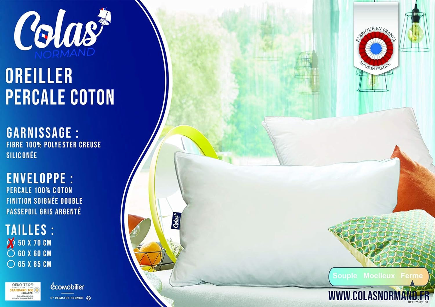 Almohada, Algodón, Percal, 50 X 70 Cm, Fino Acabado, Confort, Percal, 100% Algodón, Alta Calidad, Suave, Hecho en Francia, Blanco 73130220 Naty Shop Almohadas Estándar