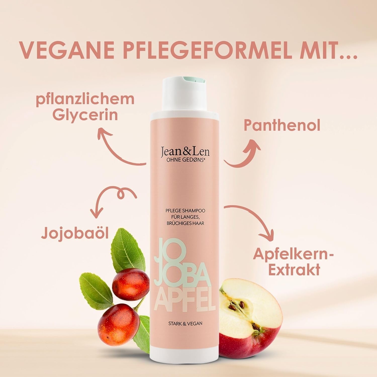 Jean & Len Care Shampoo Jojoba & Apple, nutre el cabello largo y frágil, 300 ml Ducha y baño Jean & Len