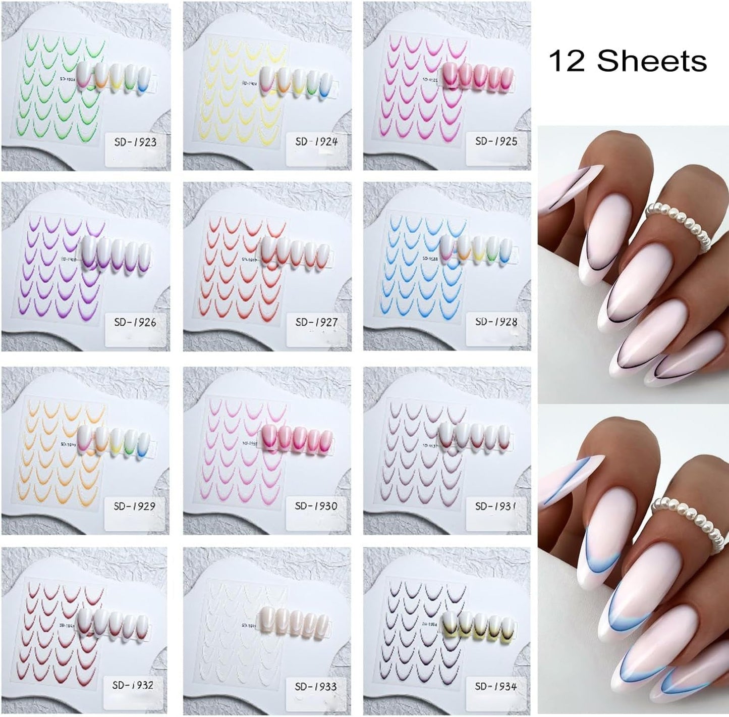 GZMAYUEN 12 colores pegatinas de uñas francesas 3D pegatinas de uñas de Color degradado francés autoadhesivas accesorios de diseño de uñas