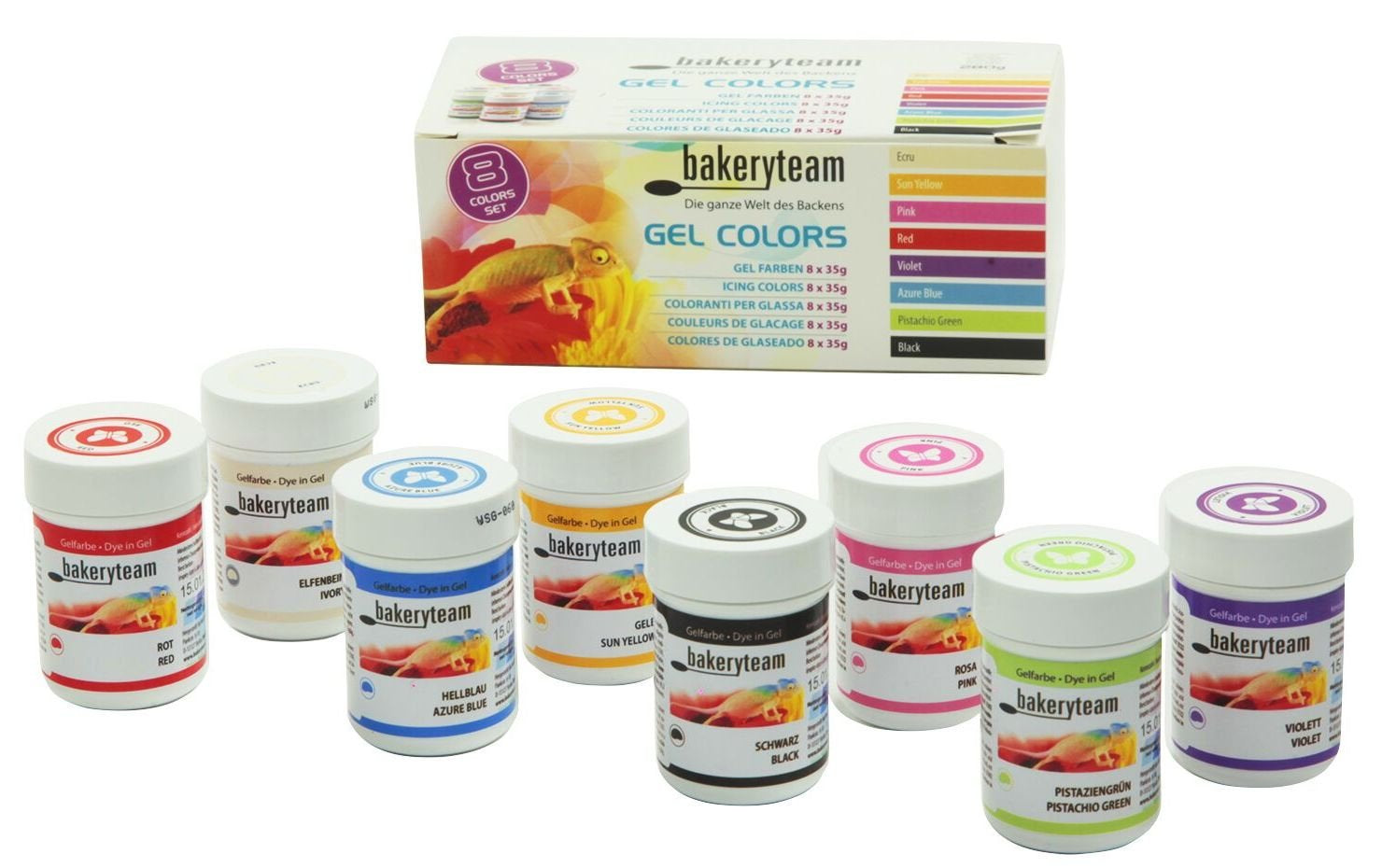 Bakeryteam colorantes alimentarios en gel para fondant, mazapán, cupcakes, crema, pasteles, tartas, helados, set (8 x 35 g)
