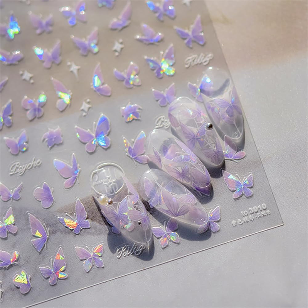 2 Blätter Schmetterling Nagelsticker Selbstklebend,Muschel Glitzer Nail Art Mariposas Adhesivos para uñas Lila Grau Schmetterlinge Nagelaufkleber Relieve Láser Mariposas Nagel Adhesivo Nageldesign Zubehör