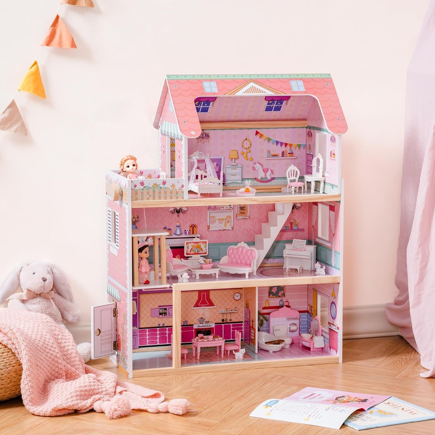 ROBUD Casa de muñecas de madera para niños, casa de muñecas, juguete de regalo para niñas y niños de 3, 4, 5 y 6 años