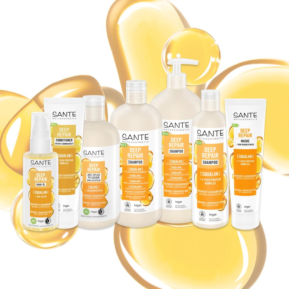 SANTE Natural Cosmetics Deep Repair Mask Squalane + 3x complejo proteico, mascarilla capilar vegana para hidratación intensa y cabello flexible, repara y regenera el cabello dañado, 150 ml Naty Shop Hair Mask