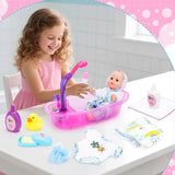 deAO Set de Bañera para Muñecas, Muñeca Interactiva de 33 cm, Baño para Muñecas, Set de Juego para Muñecas con Chupete, Ropa para Muñecas, Albornoz, Pañales para Muñecas, Bañera y Spray de Ducha Funcional