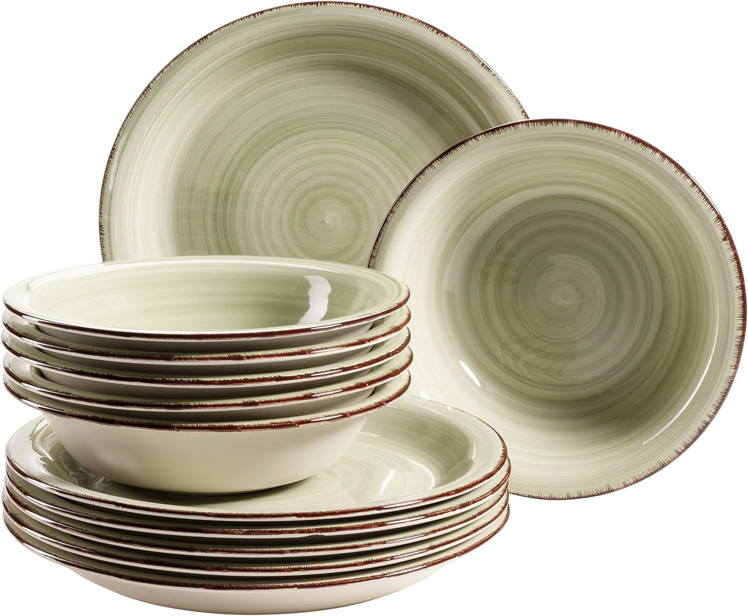 MÄSER Vajilla para 6 personas, aspecto vintage moderno, servicio de mesa de 12 piezas, pintado a mano, verde, azulejo, verde oliva (Bel Tempo II)