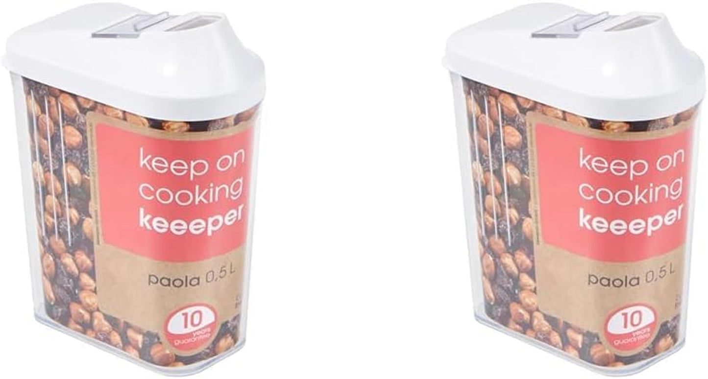 Caja vertedora Keeper para suministros secos, tapa dosificadora de ajuste continuo, plástico, 500 ml, 8 x 4,5 x 15 cm, Paola, blanco Naty Shop cajas de conservación de alimentos 500 ml (paquete de 2)