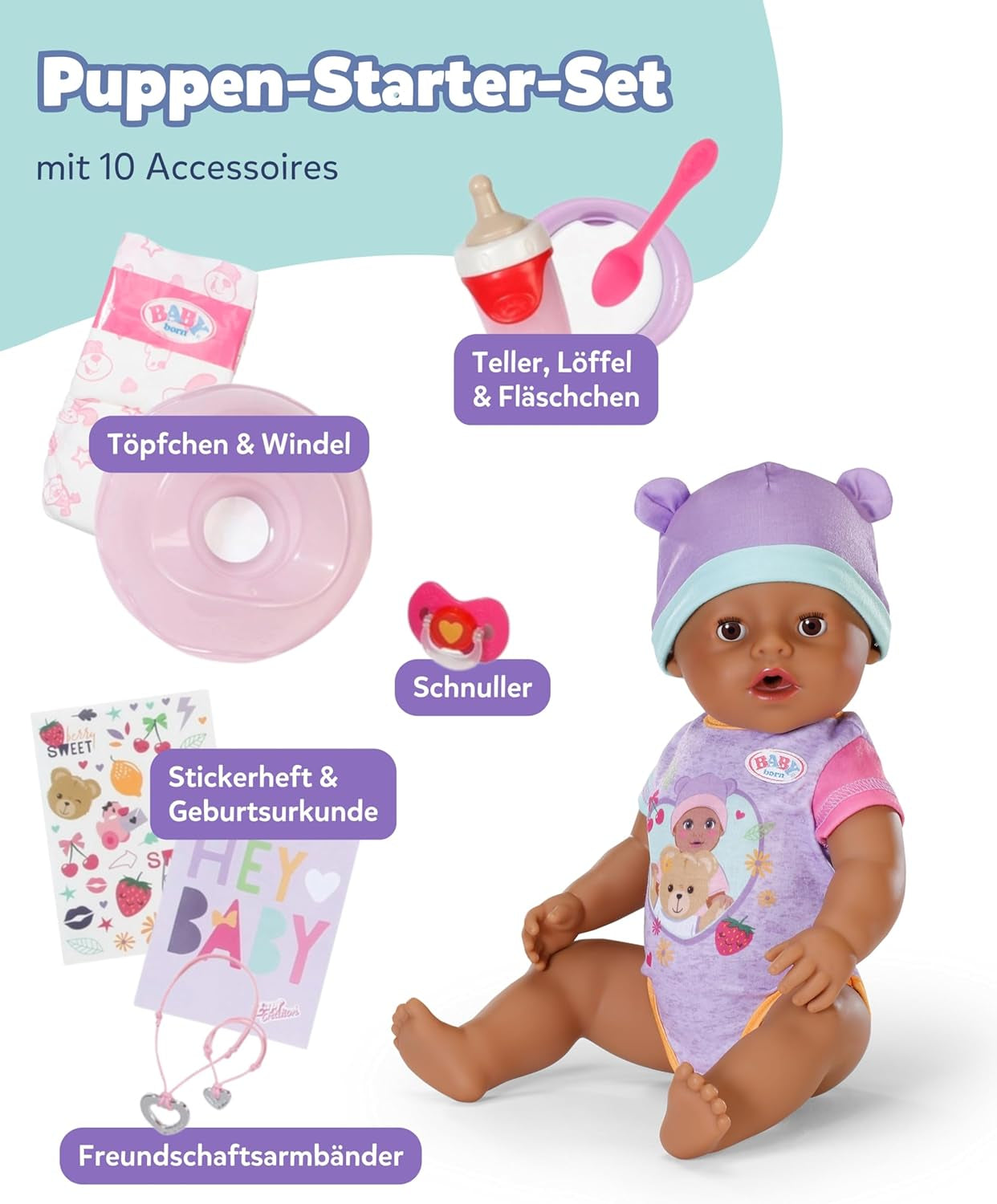 BABY Born Eva - muñeca bebé 43 cm - 10 funciones incluidos accesorios y colchón - Funciona completamente sin pilas - Apto para niños a partir de 3 años
