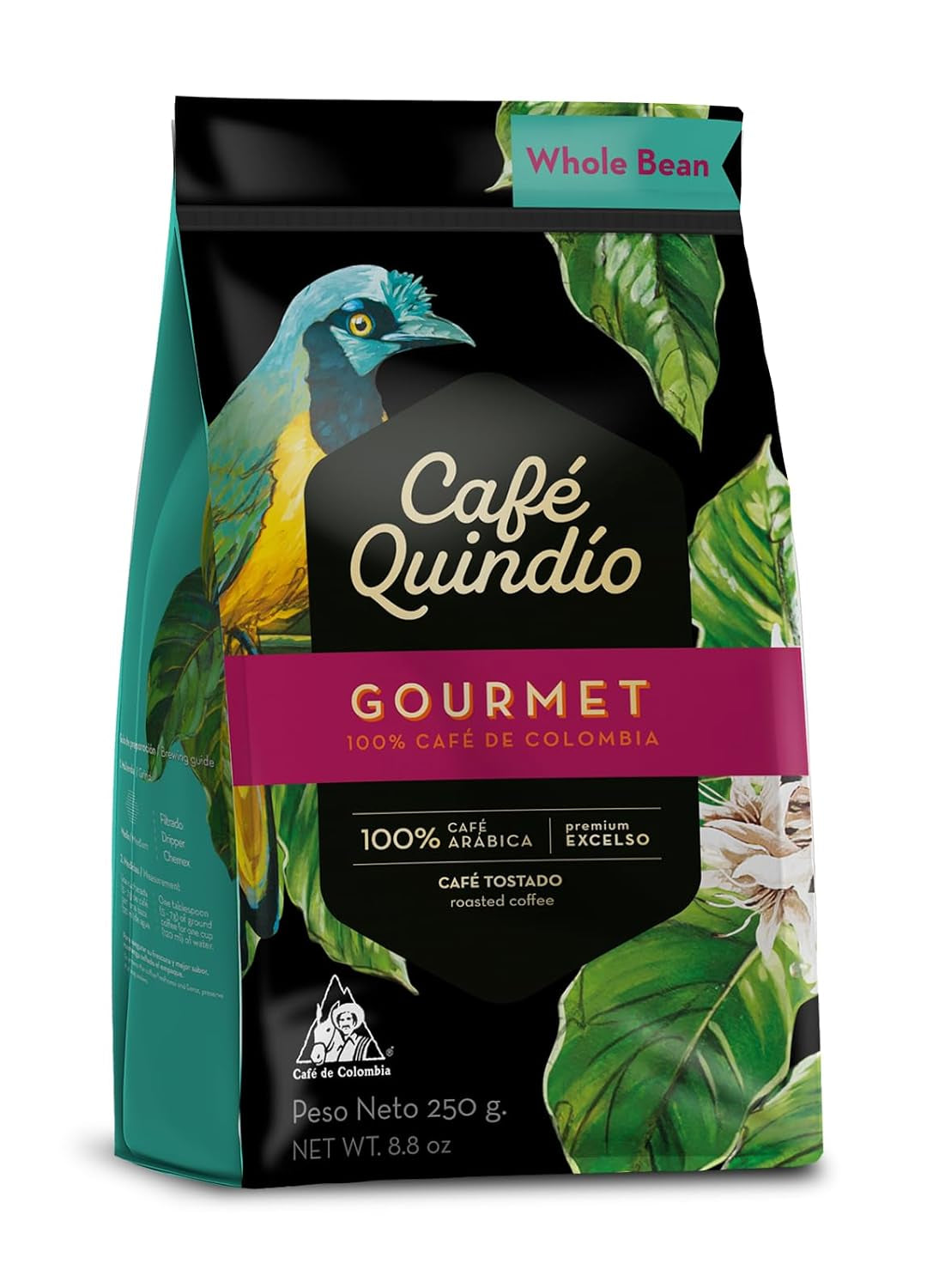 Café Quindio Gourmet - Café Especial - Café 100% Arábica en Grano, Colombia, 250g - ideal para máquinas portafiltro, máquinas totalmente automáticas, café filtrado o prensa francesa
