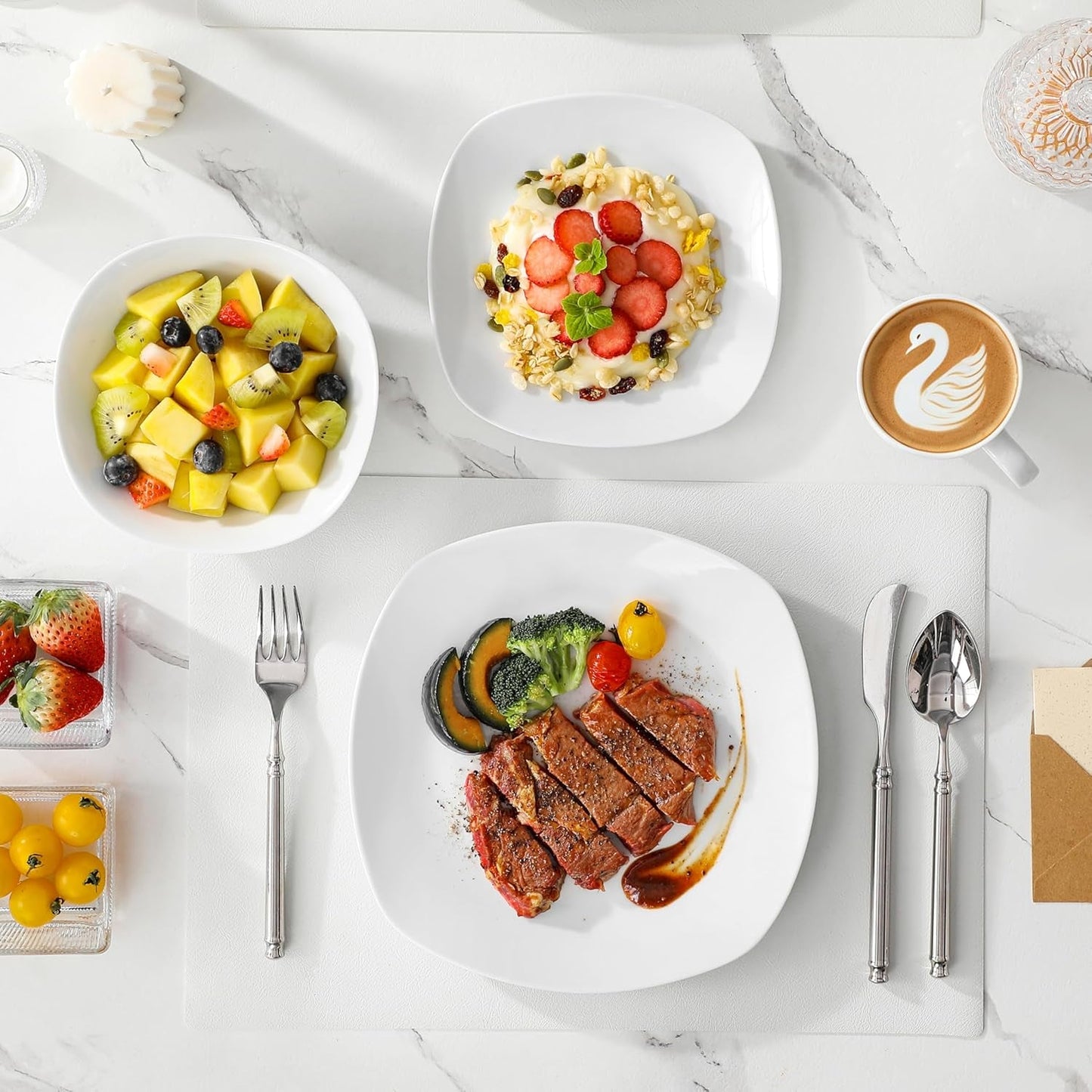 MALACASA Vajilla para 4, Vajilla de Porcelana Blanca de 16 Piezas, Vajilla Moderna con 4 Platos Llanos, Platos de Postre, Platos y Tazas Suma, Serie ELISA