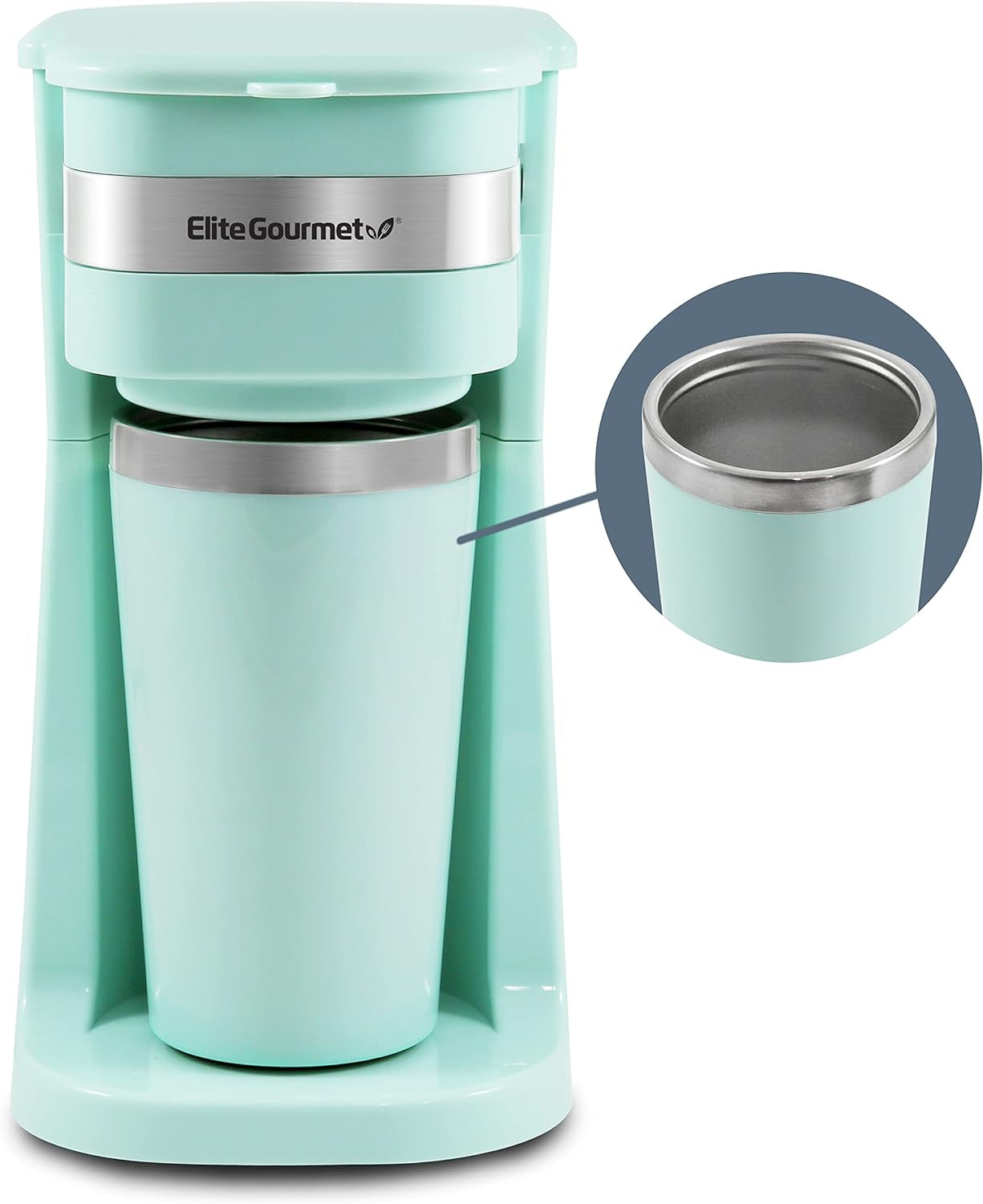 EHC113M# Cafetera espresso personal compacta con filtro de una sola porción con taza térmica de viaje de acero inoxidable en el interior Filtro reutilizable de café molido Verde menta 400 ml