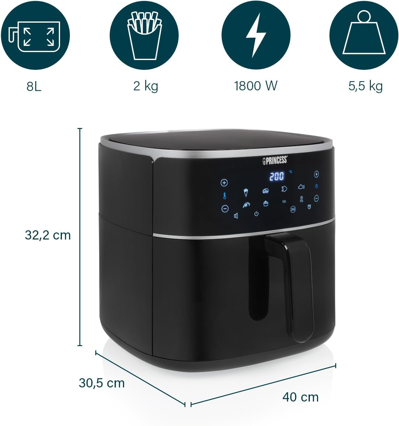 Freidora de aire caliente digital Princess - Capacidad variable del recipiente - 8 litros máximo - 6 programas preestablecidos Electrodomésticos Naty Shop