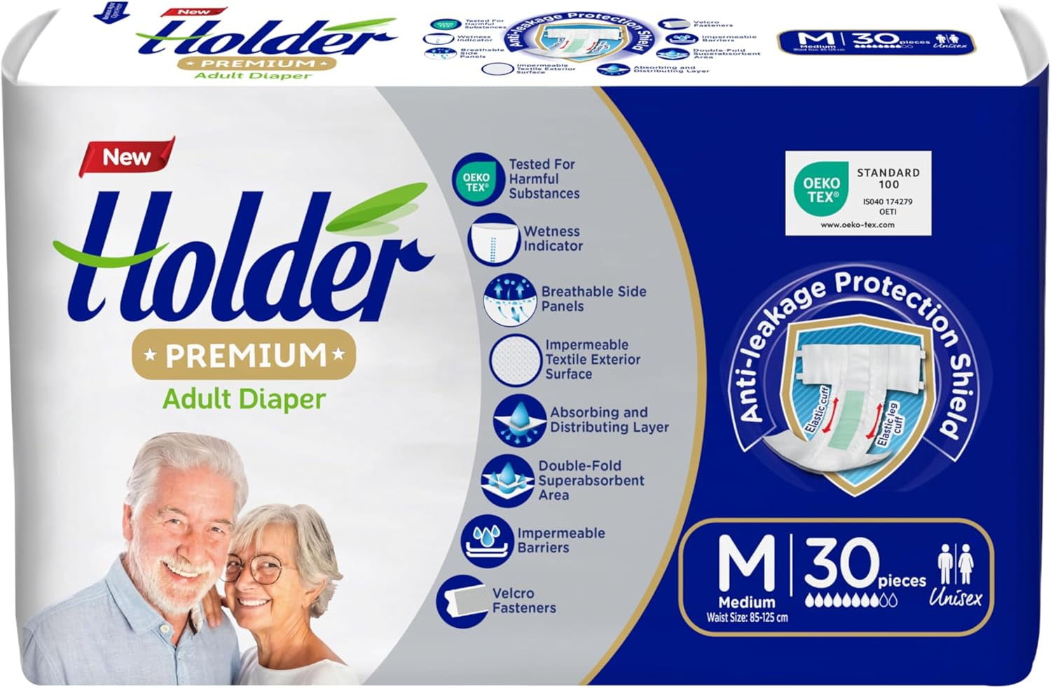 Pañales desechables unisex para adultos, impermeables, absorbentes, laterales elásticos, transpirables, súper absorbentes, doble capa, indicador de humedad, protección dermatológica de 5 estrellas, mediano