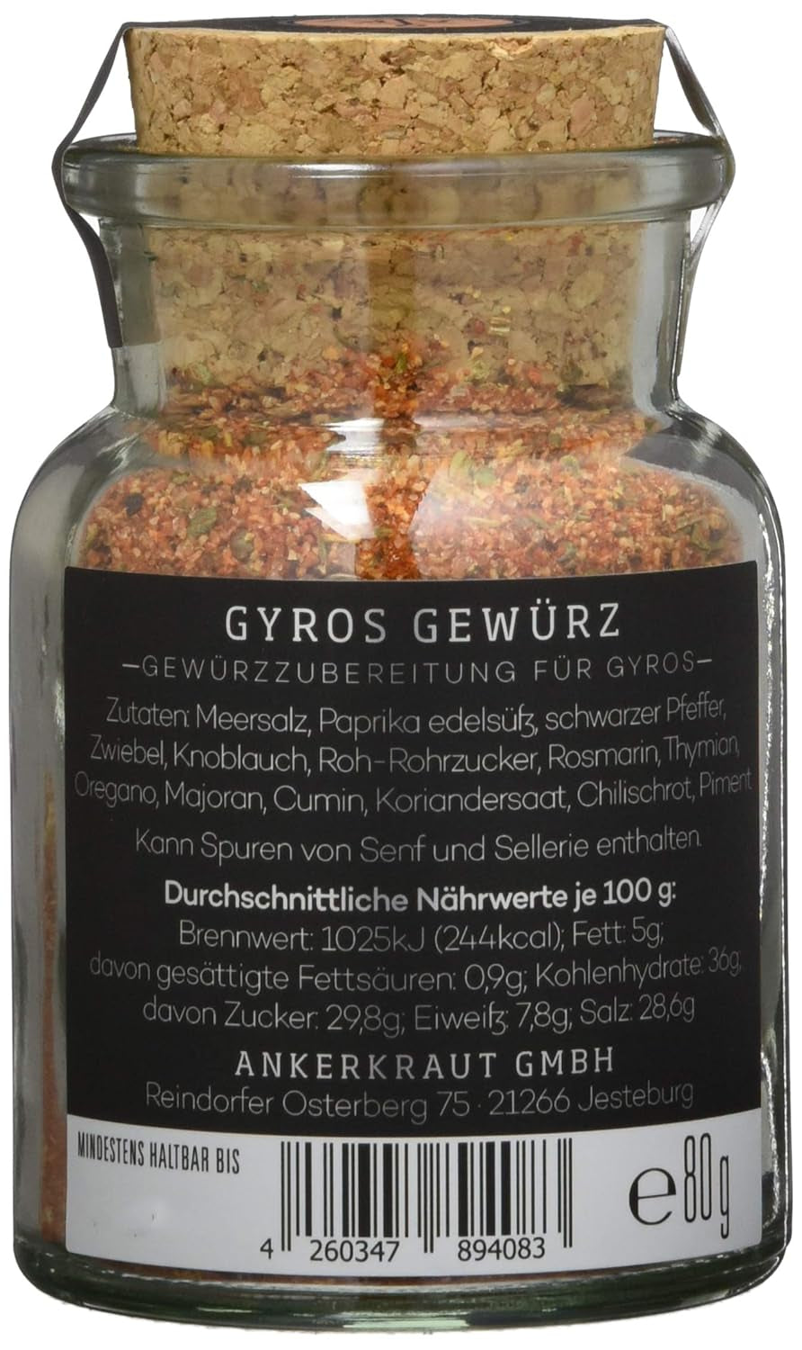 Ankerkraut Gyros, Gewürzmischung für Gyros, egal ob aus der Pfanne oder vom Grill, mit Zwiebel, Knoblauch, Mejorana, Comino, Piment and mehr, 80 g im Korkenglas