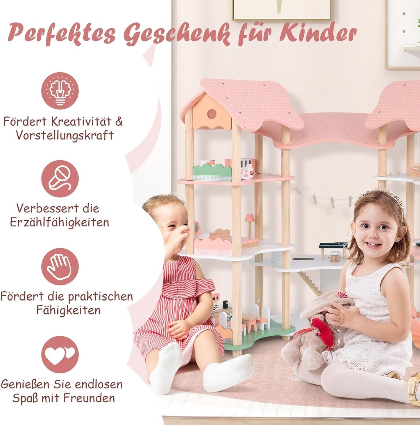 FANTASK Casa de Muñecas de Madera, Casa de Muñecas de 85 cm de Alto 7 Habitaciones con 32 Muebles y Accesorios, Casa de Muñecas con Escalera de Cuerda, Casa de Muñecas Regalo para Niñas de 3 Años (Modelo 3) Naty Shop Casas de Muñecas