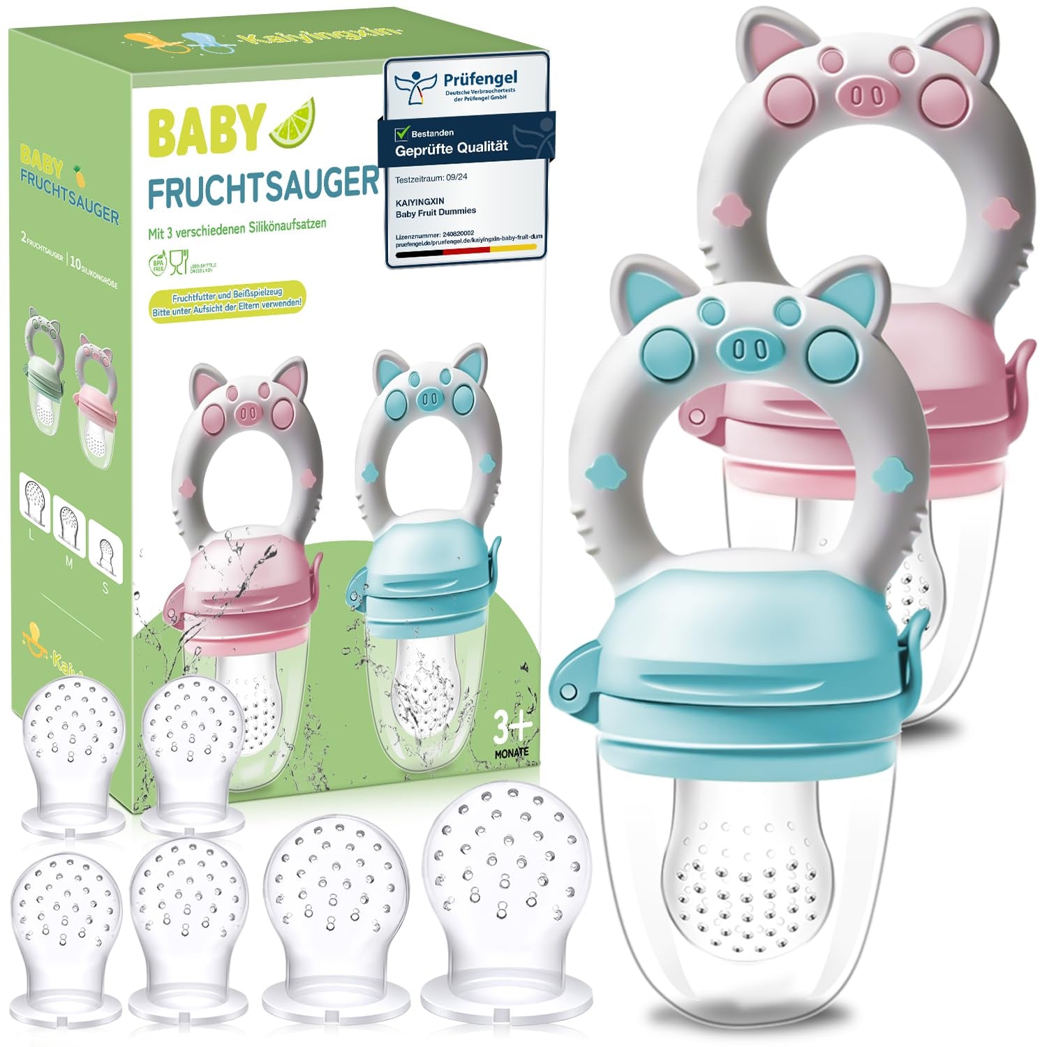 Chupetes de Frutas para Bebé, Pack de 2 Chupetes de Frutas para Bebés de 3 Meses en adelante Versión Mejorada 2023, Chupetes Rellenables, Chupetes de Gachas, Chupetes de Frutas para Bebés, Sin BPA, 8 Tetinas de Silicona en 3 Tamaños