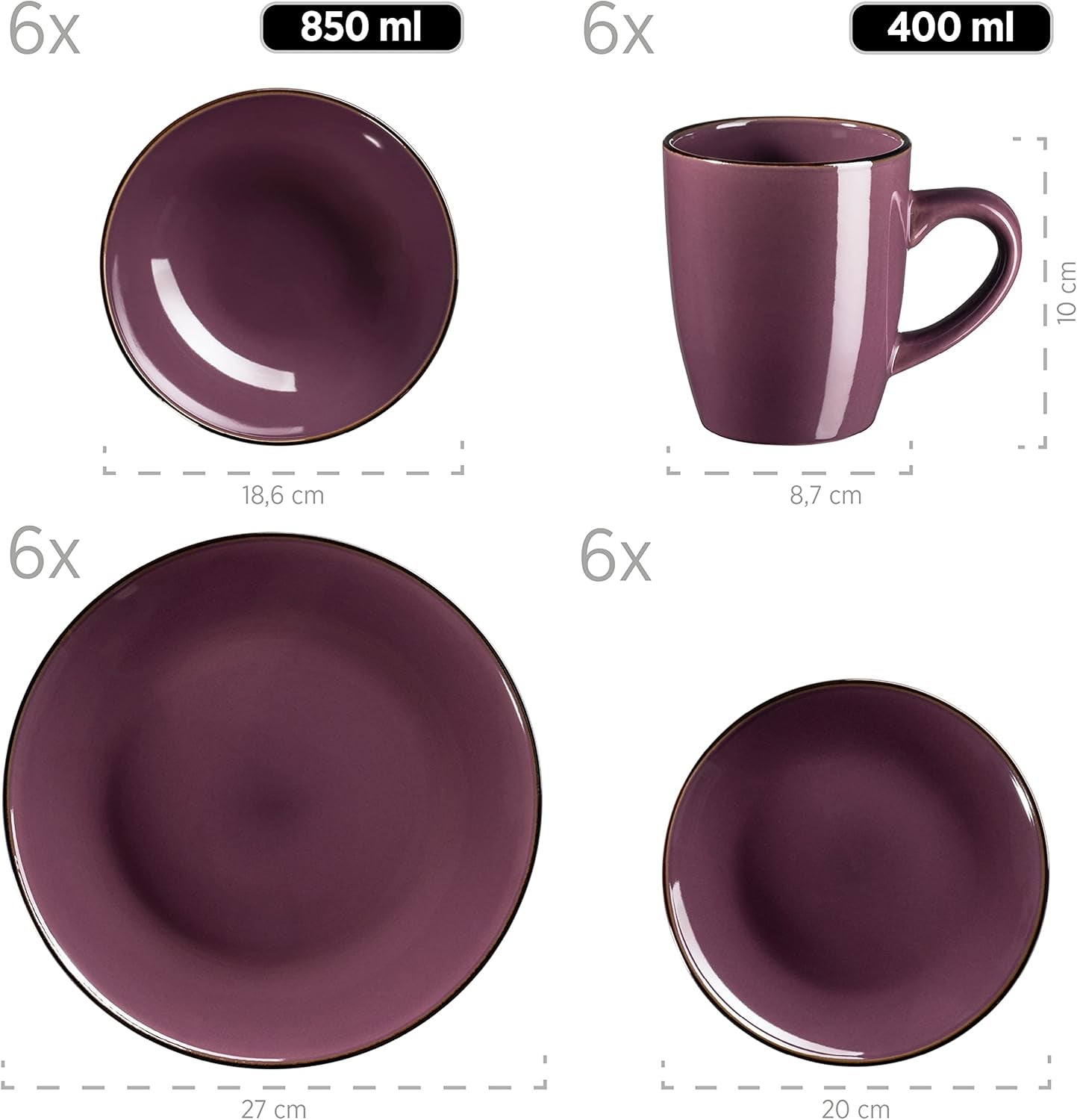 Vajilla moderna para 6 personas con borde de latón, servicio combinado en forma de taza sin borde de 24 piezas, lavanda