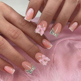 24 Uds. De tabletas para manicura francesa con lazo de diamante rosa, uñas cuadradas con patrón de diamantes de imitación, uñas artificiales rosas desnudas, pegamento de cobertura completa para manicura
