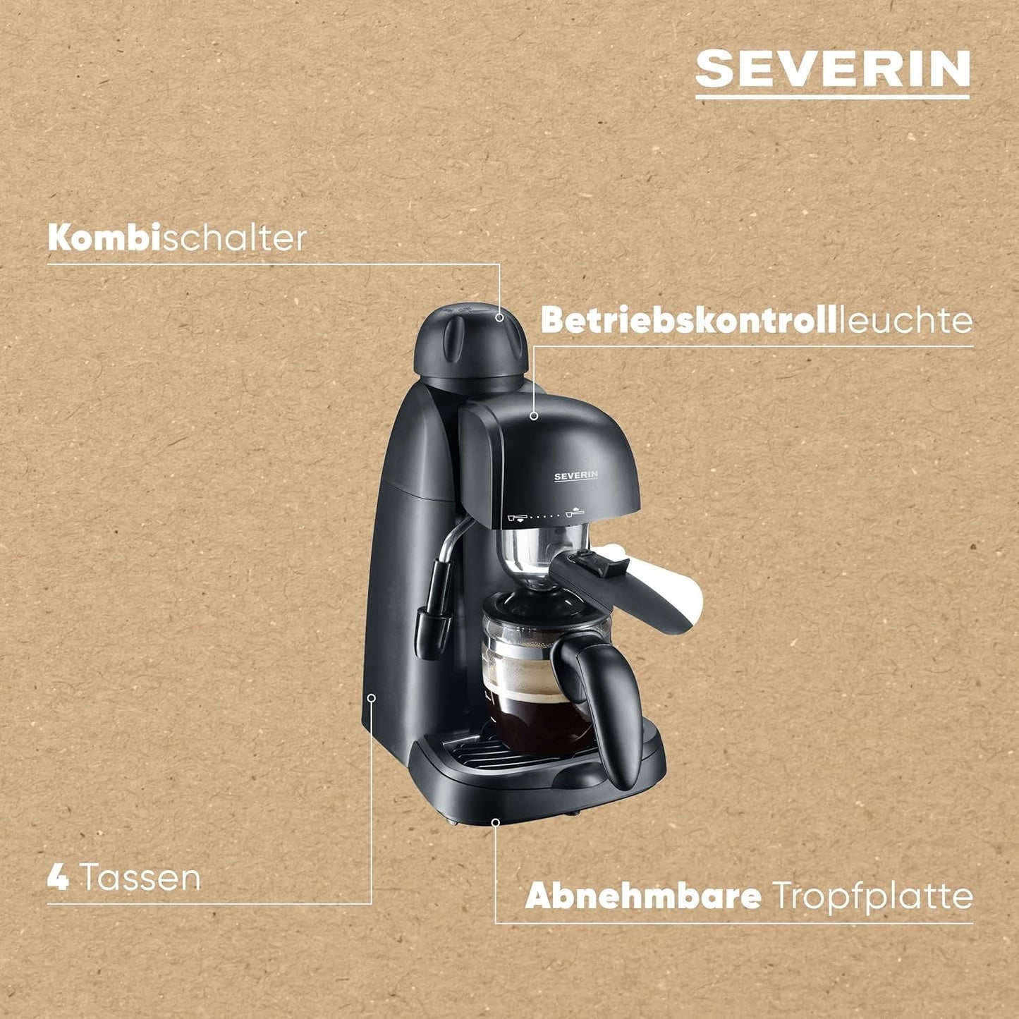 SEVERIN KA 5978 Cafetera espresso (incluye tazón para servir y cuchara dosificadora, hasta 4 tazas) negra, Estándar