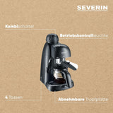 SEVERIN KA 5978 Cafetera espresso (incluye tazón para servir y cuchara dosificadora, hasta 4 tazas) negra, Estándar