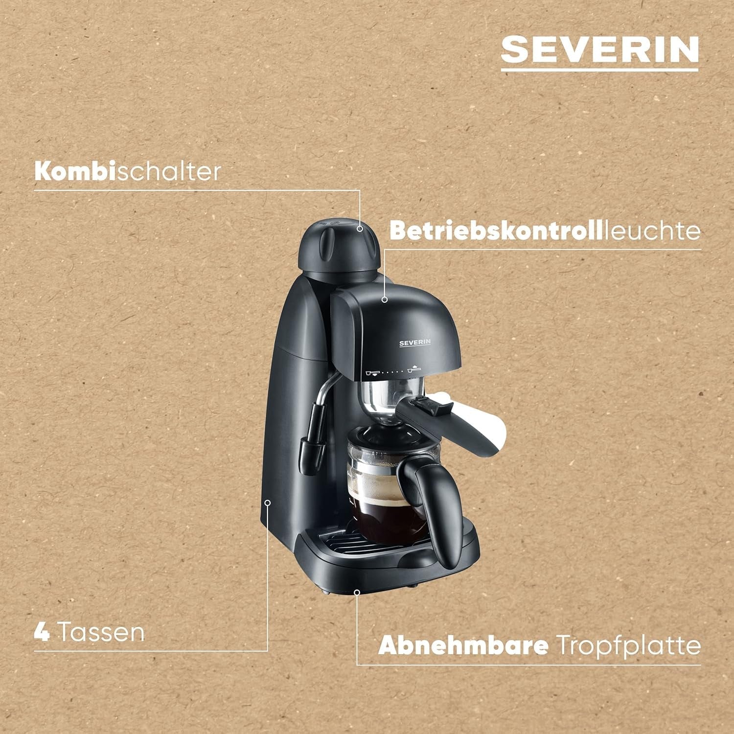 SEVERIN KA 5978 Cafetera espresso (incluye tazón para servir y cuchara dosificadora, hasta 4 tazas) negra, Estándar