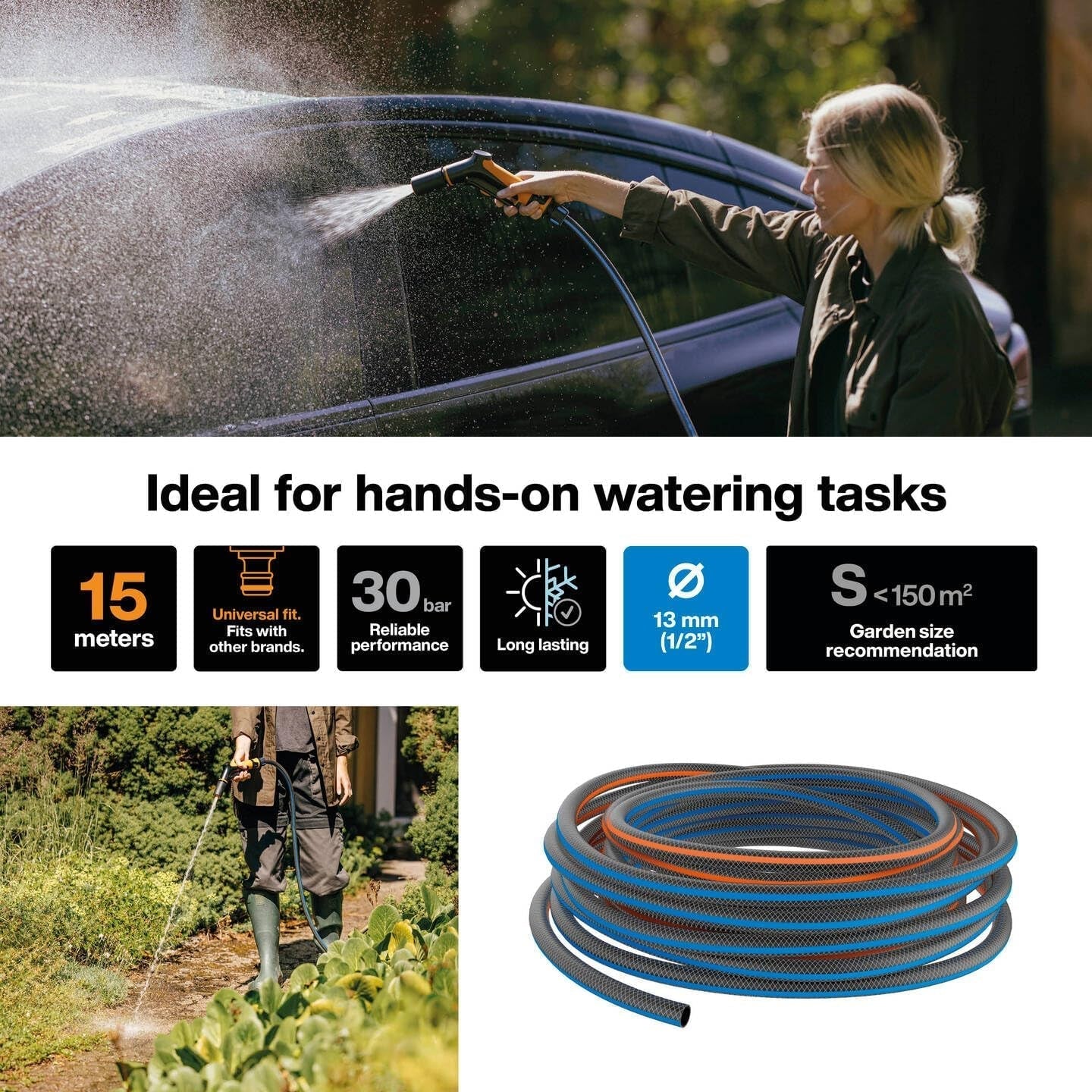 Fiskars Manguera de jardín S, Serie X, Manguera de agua para riego manual, 13 mm (1/2"), Longitud: 15 m, Conexión universal, Protección UV, Protección contra heladas, Resistente a la torsión, Azul, 1076044