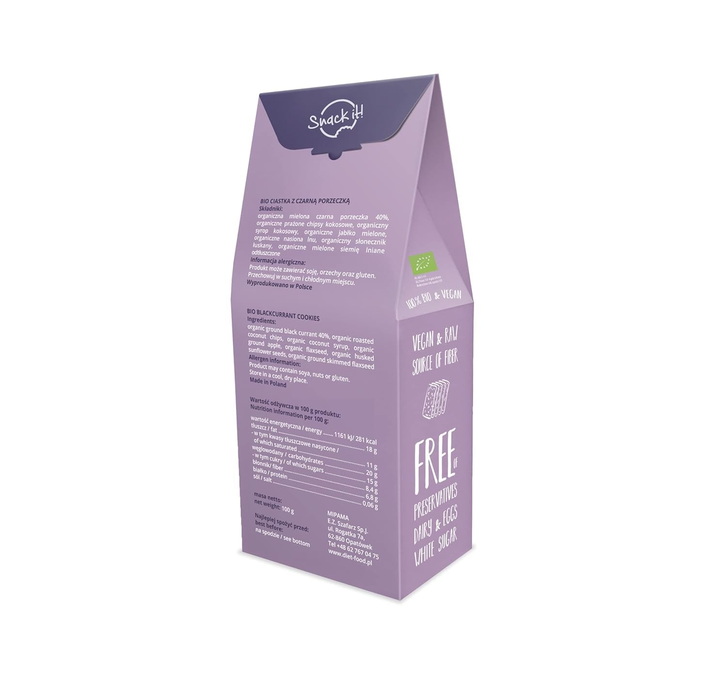 DIET-FOOD RAW Galletas de Grosella Negra Orgánicas Merienda Saludable Deliciosas Galletas de Oficina Sin Conservantes 100 g (1 paquete)