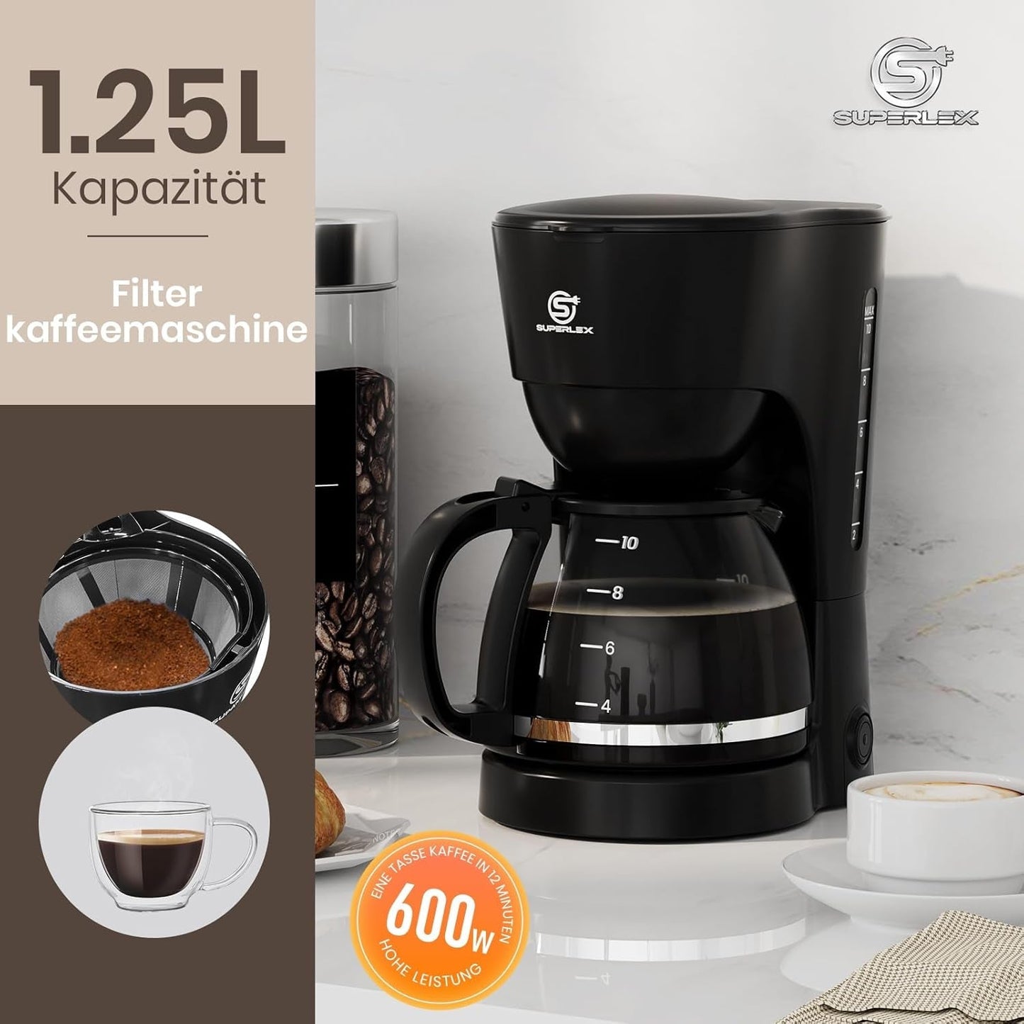Cafetera de filtro de 1,25 L para 10 tazas de café filtrado, jarra de cristal apta para lavavajillas, termo, sistema antigoteo, apagado automático, 600 W, protección contra ebullición sin agua para el hogar y la oficina